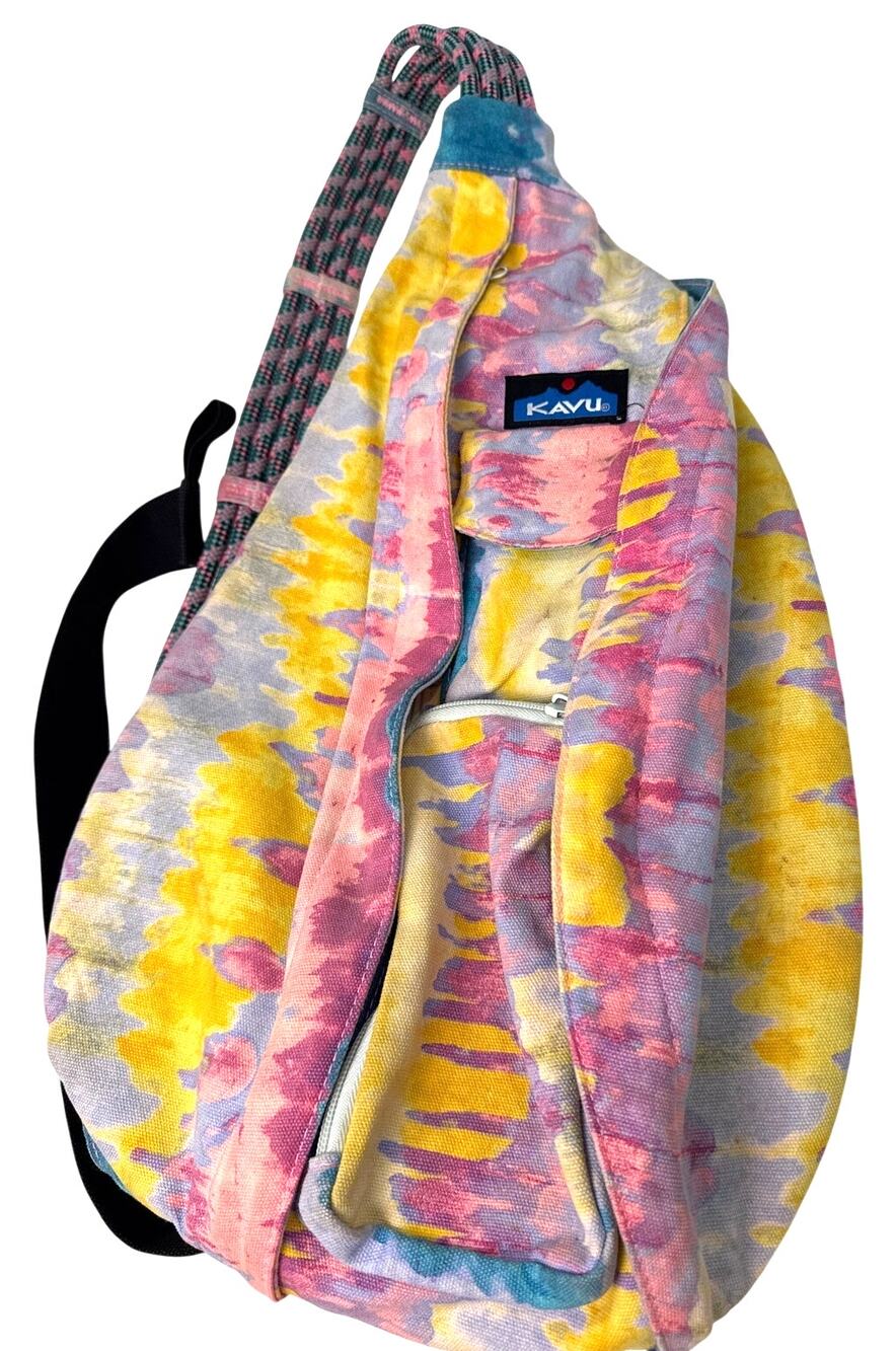 KAVU Rope Bag Pastel Tie Dye Sling Backpack Crossbody Pink Blue Yellow EUC